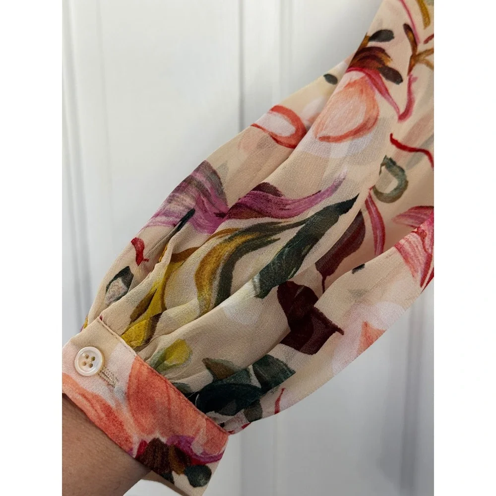 Chico's Sheer Floral Tie-Neck Blouse in Cream, Pink, Green, Yellow - Picture 2 of 4
